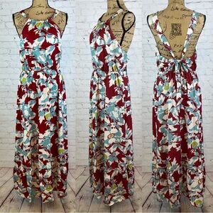 Burgandy Floral Print Open Back Maxi
